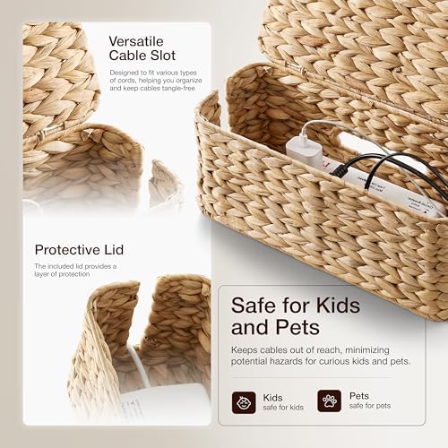 TIDITA 15" L Wicker Cable Management Box with Lid, Natural Water Hyacinth - Image 3