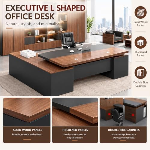 Executive Desk, L Shaped Executive Office Desk with Locking Drawer & File Cabinet, 1'' Thick Desktop, Large Office Desk with Storage, Modern Executive Computer Workstation for Home Office & Business - Image 3