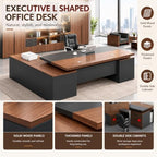 Executive Desk, L Shaped Executive Office Desk with Locking Drawer & File Cabinet, 1'' Thick Desktop, Large Office Desk with Storage, Modern Executive Computer Workstation for Home Office & Business - Image 3