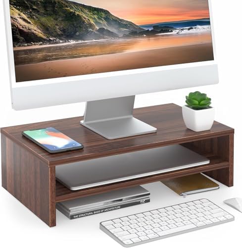 FITUEYES Wooden Monitor Stand Riser, 2-Tier Desk Storage Shelf, Brown by FITUEYES