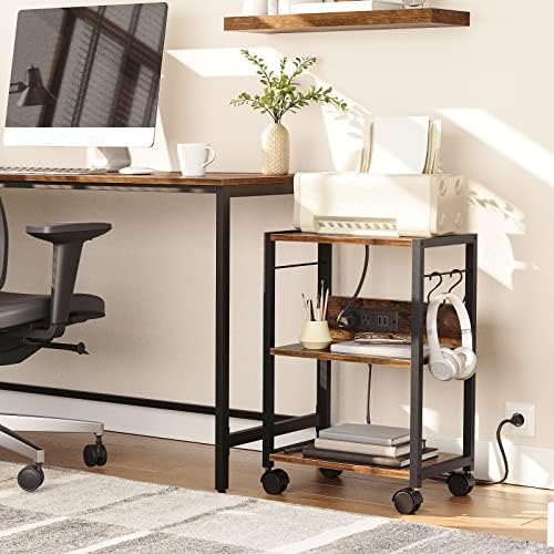 MAHANCRIS Industrial Printer Cart, 3-Tier Mobile Printer Stand, Rolling Cart with Power Outlets and USB Ports, Home Printer Stand with 2 Hooks, for Office, Living Room, Rustic Brown PTHR40E01Z - Image 2