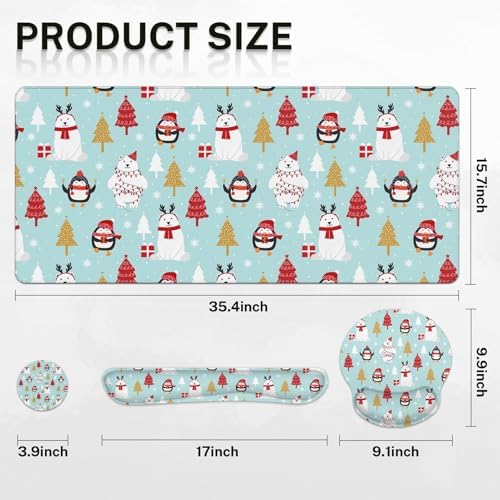 Britimes Keyboard Mouse Pad Set, 4 in 1 Desk Mat Set, Christmas Penguin - Image 2