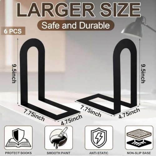 Chunful 6 Pcs Black Metal BookEnds Shelves, 9.5 x 7.75 x 4.75 in - Image 3