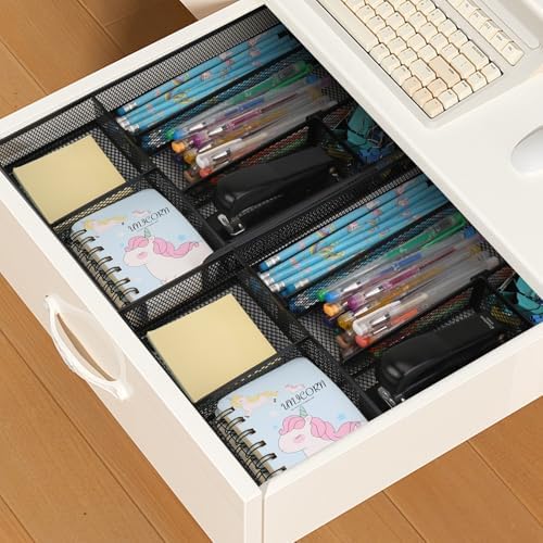 Desk Drawer Organizer, 2 Pack Junk Drawer Organizer Tray with 2 Adjustable Compartments, Desktop Metal Mesh Office Desk Organizer, Multifunction Pen Organizer Set for Office School Makeup Supplies (2) - Image 6