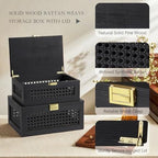Decorative Rattan Storage Boxes Baskets with Lid Wooden Frame - Image 2
