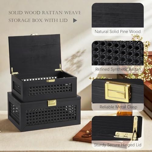 2PCS Decorative Rattan Storage Box Basket with Lid Wooden Frame - Image 2