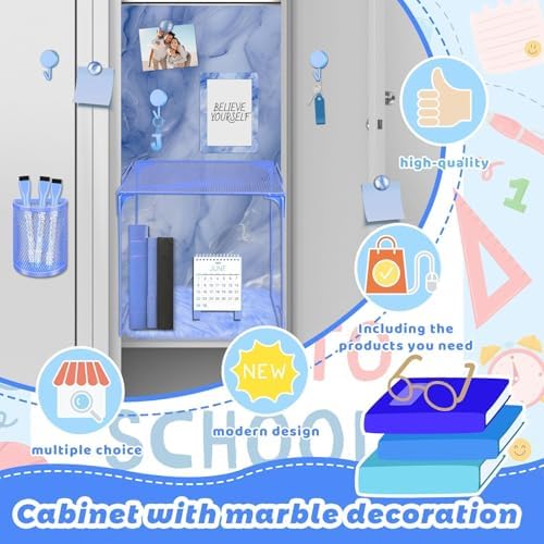 Demonwer Blue Locker Accessories Kit Locker Organizer Magnetic Mirror Whiteboard Pen Holder Small Carpet for Storage Organizing Shelf Back to School Party Supply - Image 3