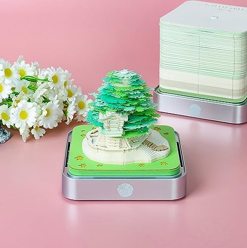 3D Memo Pad Time Piece Calendar 2027,3D Calendar Memo Pad DIY Notes Notepad Paper Carving Art Green Tree House,3D Desk Calendar 2027 With Lights - Image 2