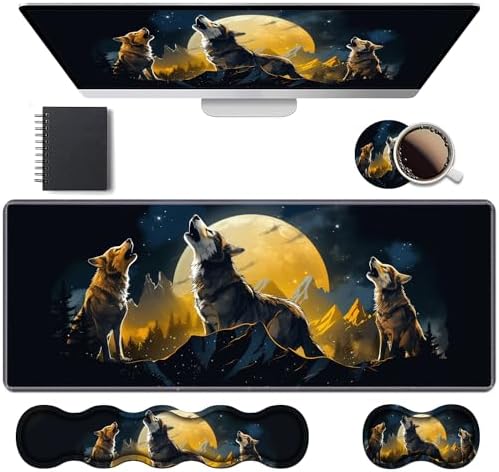 Ergonomic Keyboard Wrist Rest & Mouse Pad Wrist Rest Set, Large XXL Gaming Desk Mat 31.5"x 11.8" with Memory Foam, Easy Typing Pain Relief for Office & Home, Wolf Howling Under The Moon by Unknown