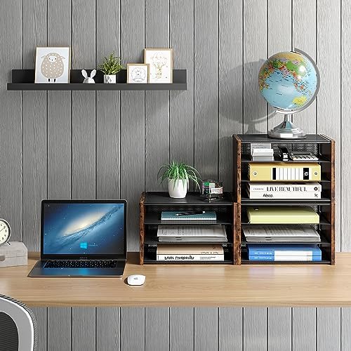 DAOUTIME 3-Tier Paper Letter Tray, Wooden Desk File Organizer, Stackable Metal Mesh Desk Organizer for Office Supplies. Small Paper Trays for Home Office School, Rustic Brown - Image 6