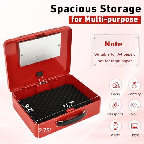 KYODOLED Red Safe Box with Digital Keypad Lock, Lock Box with Code for Personal Items, Metal Security Box for Cash, Passport, Jewelry, Ideal for Home, Office, Garage Sale, 11.8'' x 9.4'' x 3.5'' - Image 3