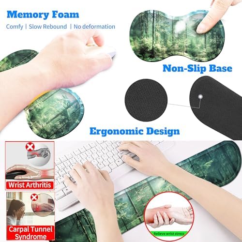 4-Piece Extended Large Mouse Pad Set for Women Men with Green Forest Design Includes 35.4 x 15.7 XXL Large Mouse Pad Keyboard Wrist Rest Mouse Wrist Support and Coaster for Office Home - Image 6