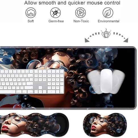 Ergonomic Keyboard Wrist Rest & Mouse Pad Wrist Rest Set, Large XXL Gaming Desk Mat 31.5"x 11.8" with Memory Foam, Easy Typing Pain Relief for Office & Home, African American Girl - Image 4