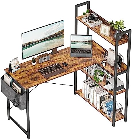 Treesland 47 Inch Computer Desk with Bookshelf, Corner Desk with Storage, L Shaped Desk, Home Office Desks, Writing Study Desk for Bedroom, Brown - Image 7