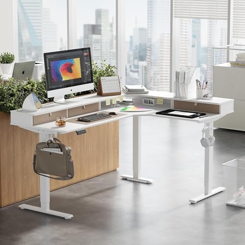 CubiCubi 63"x48" L Shaped Standing Desk with Drawers & Shelf, Warm White - Image 2