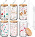 SiliFine 6 Pcs Christmas Glass Cups, 16 oz with Lids and Straws by SiliFine