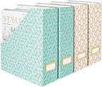 BLU MONACO | Set of 4 Foldable Pink & Aqua Magazine File Holders with Gold Geometric Patterns | Vertical File Organizer Boxes with Gold Label Holders for Home & Office by Blu_Monaco
