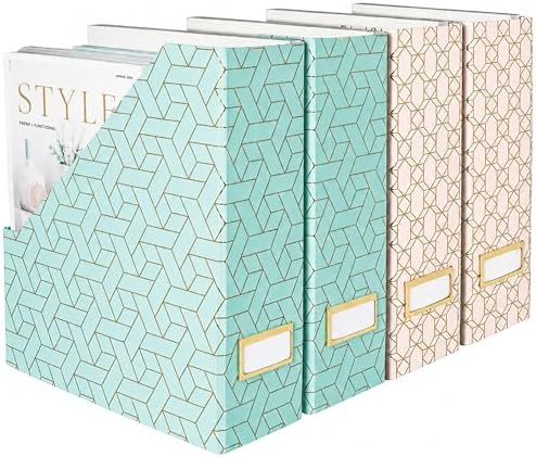 BLU MONACO | Set of 4 Foldable Pink & Aqua Magazine File Holders with Gold Geometric Patterns | Vertical File Organizer Boxes with Gold Label Holders for Home & Office by Blu_Monaco