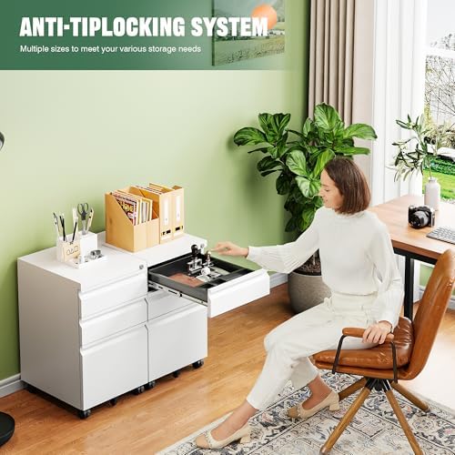 Letaya 3 Drawer Mobile File Cabinet with Lock, Under Desk Metal Filing Cabinets for Home Office Organizer Letters/Legal/A4(Fully Assembled-White) (Pack of 2) - Image 3