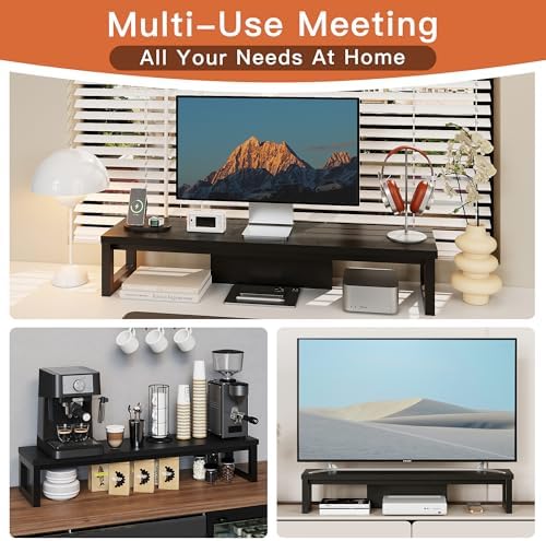 Dual Monitor Stand Riser, Wood and Steel Monitor Stand for Desk, Multi-Purpose Desk Shelf Organizer for Computer, Laptop, Printer, TV, Black - Image 4