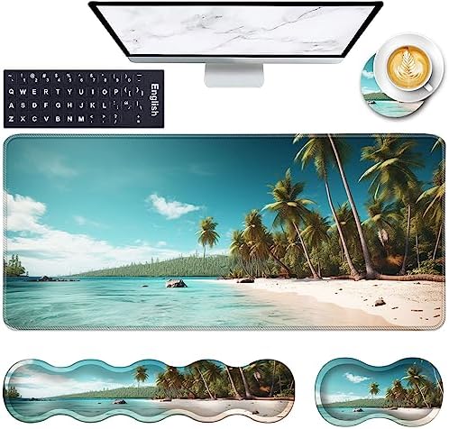 Keyboard Wrist Rest and Mouse Pad with Wrist Support Set Ergonomic Coaster,Memory Foam,Easy Typing Pain Relief,Large XL Desk Mat 31.5"x 11.8",Beach and Coconut Trees Design by CICPLKSE