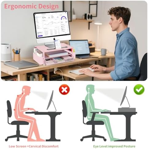 AUPSEN Pink Desk Organizers and Accessories, 2-Tier Wood Computer Monitor Stand with Drawer, Pen Storage & Phone Holder, Office Desk Accessories, Workspace Desktop Organization for Office Supplies - Image 2