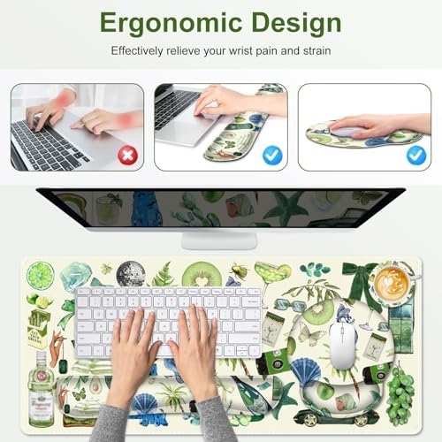 Mouse Pad, 4 in1 Large Desk Mat, Desk Pad Matt for Desktop, Anti-Slip XXL Big Computer Ergonomic Mousepad with Wrist Support for Keyboard and Mouse for Women I Green Theme Stickers - Image 5