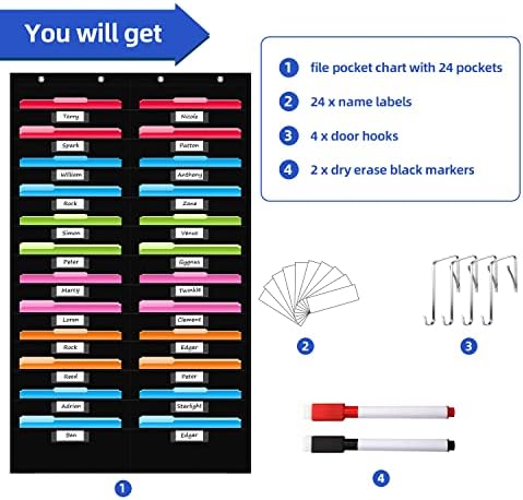 REGELETO 24 Pockets File Storage Pocket Chart with 24 Nametag Pockets, Hanging Wall File Organizer for Classroom and Office, Organize Your Assignments, Files, Scrapbooks, Paper (Black-24 pockets) - Image 4