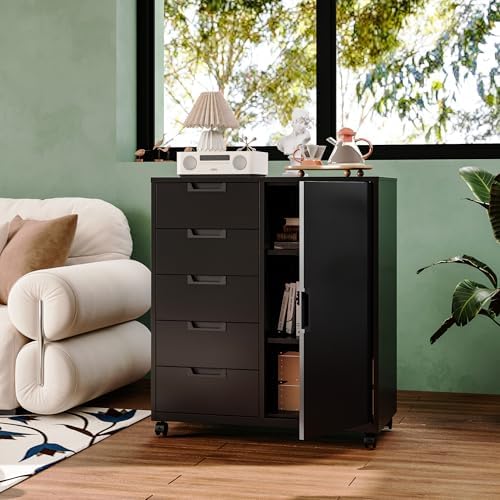 MIIIKO 5 Drawer Storage Cabinet with Door and Shelf, Mobile Lateral Cabinet on Wheels, Office Small Organizer Printer Stand, Black File Cabinets - Image 2