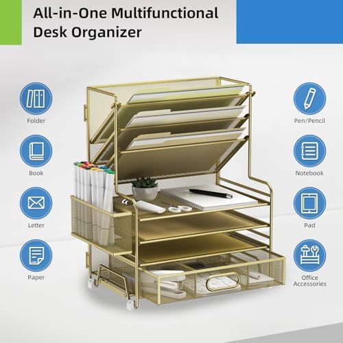MINDEPOT 4-Tier Paper Organizer + 3-Pocket File Holder + Drawer + Pen Holders, Desktop File Organizers Paper Tray for Office Supplies School Classroom Organization (Gold, with Drawer & Pen Holder) - Image 4
