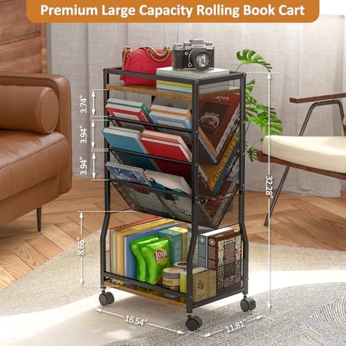 DAOUTIME 8 Tier Rolling Book Cart with Wheels, Mobile Book Storage Cart with 2 Sides Access Bookcase for Narrow Space, Rolling File Organizers and Storage for Home Office Living Room Classroom School - Image 6