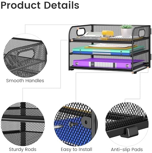 Cawukege 3 Tier Paper Organizer with Handle, Metal Desk Organizer Mesh Paper Letter Tray File Folder Document Sorter for Classroom, School, Office Storage (2, Black, 3-Tier (12.6" x 9.1" x 7.5") - Image 5