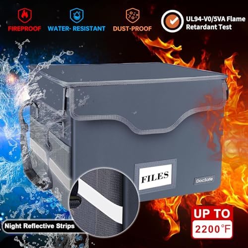 DocSafe Fireproof Document Box with Lock,File Storage Organizer with Zipper Pockets,Collapsible Portable File Box Home Office Safe Filing Cabinet with Handle for Hanging Letter/Legal Folders,Gray - Image 3