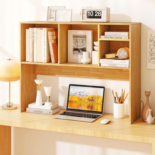 GOFLAME 4 Cubes Desktop Bookshelf, 37” Tabletop Wood Desk Shelf for Computer Monitor, Modern Countertop Desk Display Hutch Storage Organizer Shelf for Home Office, Dorm, Study, Burlywood - Image 2