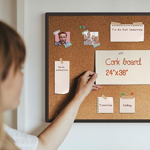 Cork Board Bulletin Board 24 x 36, Black Aluminium Framed 2 x 3 Corkboard, Office Board for Wall Cork, Large Wall Mounted Notice Pin Board with 16 Push Pins for School, Home & Office - Image 3