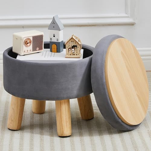 Small Foot Stool Ottoman with Storage, Velvet Ottoman Foot Rest for Couch, Round Footstool with Storage, Small Ottomans and Footstools for Living Room and Entryway (Gray) by FIMIVIBI