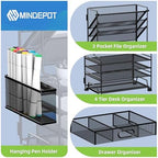 MINDEPOT 4-Tier Paper Organizer + 3-Pocket File Holder + Drawer + Pen Holders, Desktop File Organizers Paper Tray for Office Accessories School Classroom Organization (Black) - Image 3