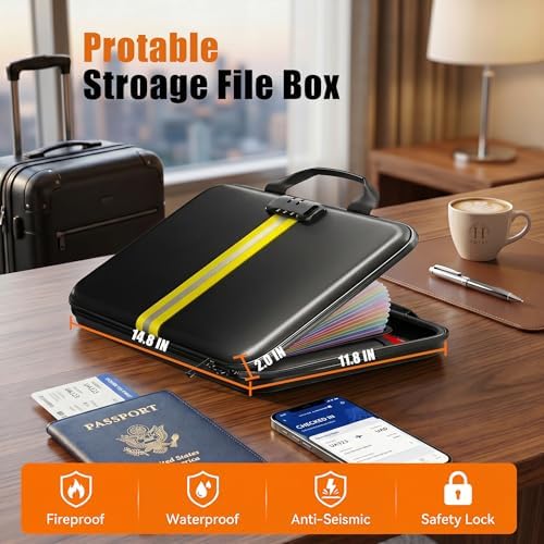 Fireproof Document Organizer with Lock, Semi-Rigid EVA Shell File Box with 13-Pocket Accordion Folder, Water-Resistant Storage for Important Documents, Passports & Certificates - Image 6