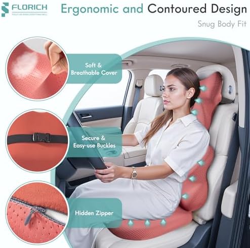 FLORICH Car Seat Cushion and Lumbar Support Pillow for Office Chair Car, Neck Headrest Pillow, Ergonomic Memory Foam, Pressure-Relieving Back Support for Car, Office Chair & Wheelchair – Red - Image 2