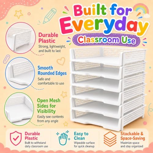 6 Pcs White Turn in Trays Classroom, Stackable Paper Bins for Classroom, 13x9x2.8 inch Plastic Baskets Desktop Organization System Office (White) - Image 3
