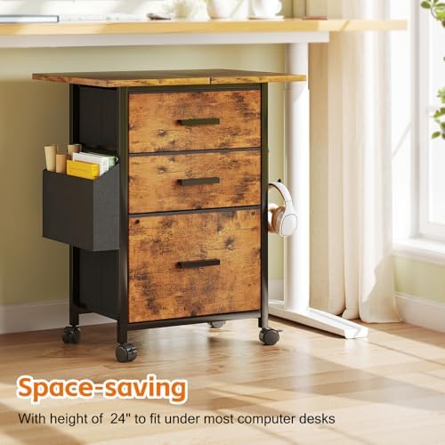 3-Drawer Mobile File Cabinet with 22" Wide Printer Stand, Fabric Filing Cabinet with Side Bag & Headphone Hook, Fits Letter/A4 Size Hanging File Folders, Rolling Home Office Organizer, Rustic Brown - Image 7