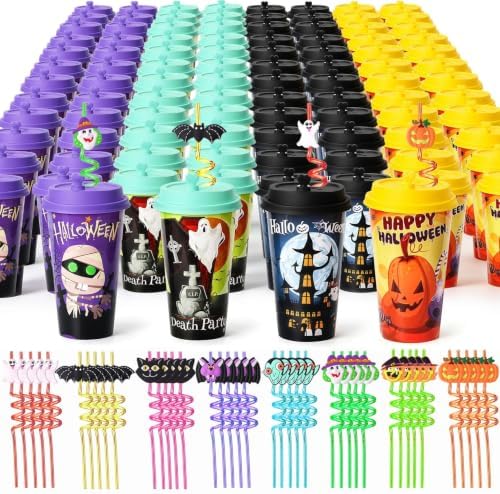 100 Pack Halloween Party Decorations Cups with Lids and Silly Straws Bulk by FZR+Legend