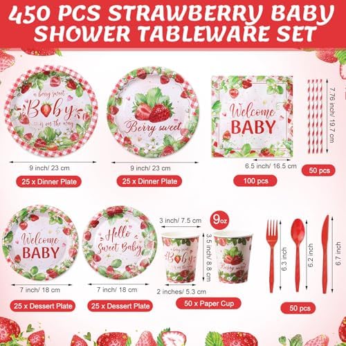 450 Pcs Tableware Set, Serve 50, Red and Pink, Strawberry Baby Shower - Image 2