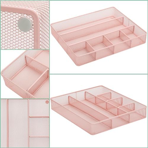 Annova Desk Top Organizer Tray for Office Organization - Metal Mesh - Storage Tray with Dividers for Pens, Desktop Accessories, Bathroom, Kitchen, Makeup and Office Supplies (Large, Light Pink) - Image 6