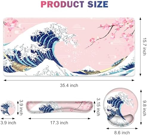 Gaming Mouse Pad, Large Desk Mat, Cute Desk Pad Protector, Pink Cherry Blossoms XXL Mousepad + Keyboard Wrist Rest+Mouse Wrist Rest+Coaster Set with Ergonomic Desk Pad, Japanese Wave of Kanagawa - Image 6