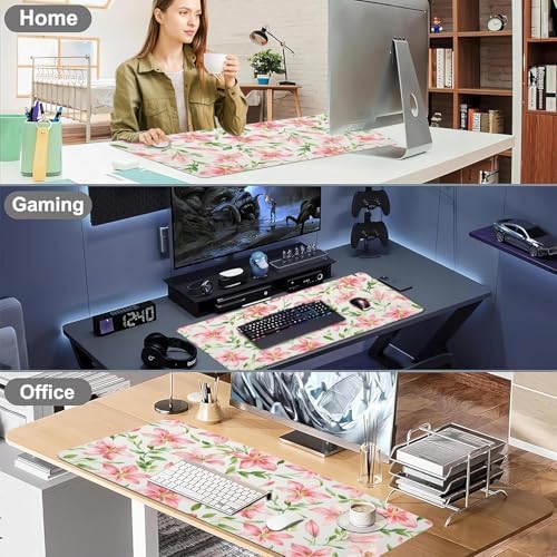 Watercolor Lily Office Desk Mat 31.5" x 15.7" Desktop Mat PU Leather Large Mouse Pad White Mousepad Non-Slip Table Mat for Girls, Women, Home, Work, Computer, and Gaming - Image 6