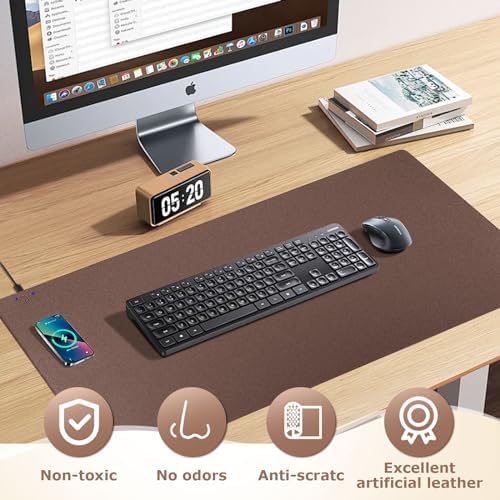 Wireless Charging Mouse Pad Firelison 2 in 1 Leather Multifunctional Office Desk Pad with Non-Slip Rubber Base, Waterproof Desk pad for Computers/Office/Work/Home/Decor（ 36" x 17"Brown - L） - Image 5
