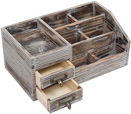 Liry Products Rustic Torched Wooden Desktop Organizer Dark Brown Tabletop Storage Cabinet Stepped Rack Multiple Compartments 2 Tier Drawers Makeup Accessory Sorter Display Box Home Office Supplies - Image 3