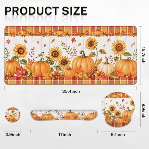Britimes Keyboard Mouse Pad Set, 4 in 1 Desk Mat Set, Fall Pumpkin - Image 2