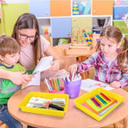 ShineMe 6 Pack Paper Trays for Classroom, Yellow Plastic Book Bins with Colorful Labels, Stackable Letter Size Storage Tray, Desk Organizer Tray for Home, School and Office - Image 7